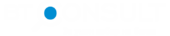 Лого на BT Consult с Бял Шрифт и Лупа Вместо C със Синя Точка в Нея. Слоган Отдолу За Умен Избор На Банка
